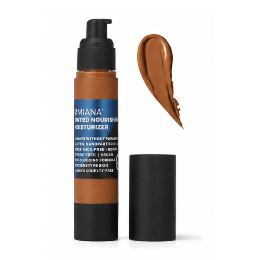 Omiana Deep Gold Tinted Nourishing Moisturizer for medium-deep to deep skin with rich golden undertones shown with matching shade swatch.
