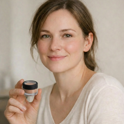 Woman holding a small jar of redness concealer cream against a neutral background
