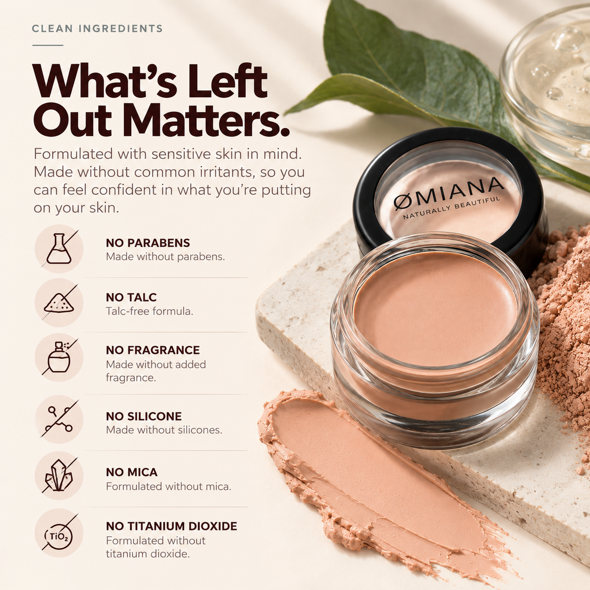 Omiana Redness Concealer Cream with ingredient transparency details for sensitive and reactive skin.