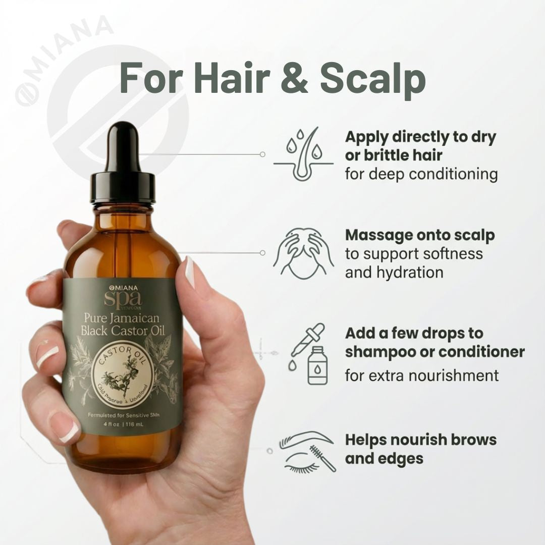Brown bottle of Pure Jamaican Black Castor Oil held by a hand with usage instructions on a white background | Omiana Spa