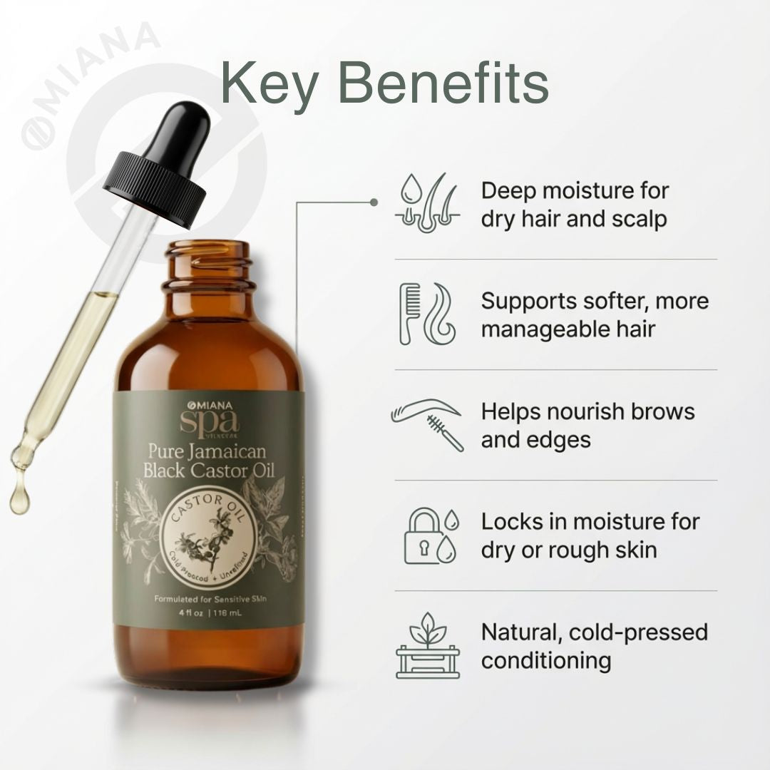 Black Jamaican Castor Oil bottle with dropper and key benefits listed on a white background