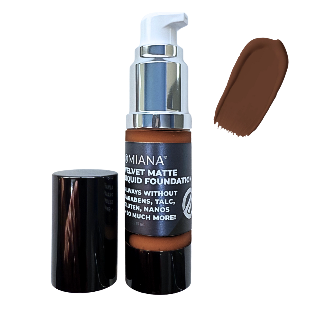 Omiana Velvet Matte Liquid Foundation with pump and swatch on white background