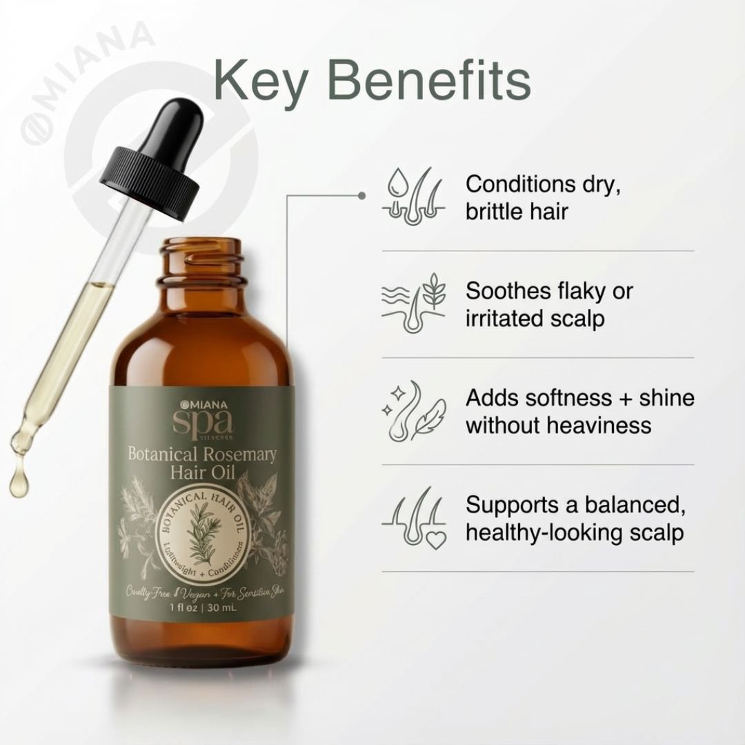 Omlana Botanical Rosemary Hair Oil with dropper and key benefits listed on a white background