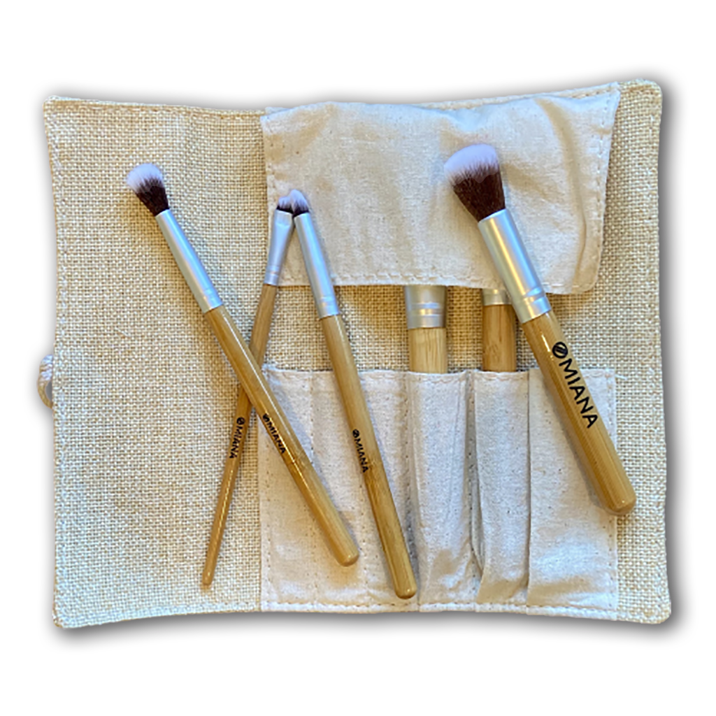 Vegan bamboo full-face 6-brush set with soft burlap carrying case.